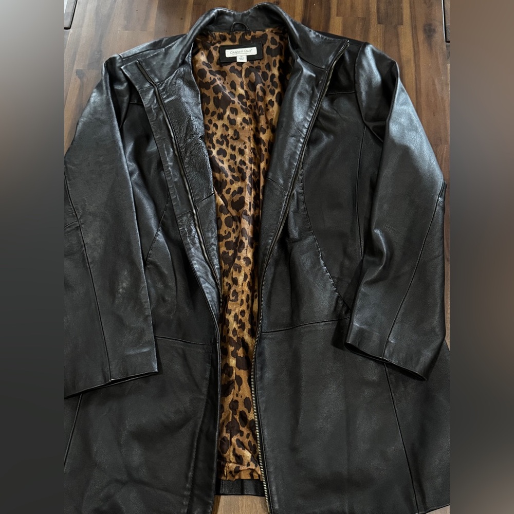 leather jacket : vintage real leather brown jacket with leopard print lining